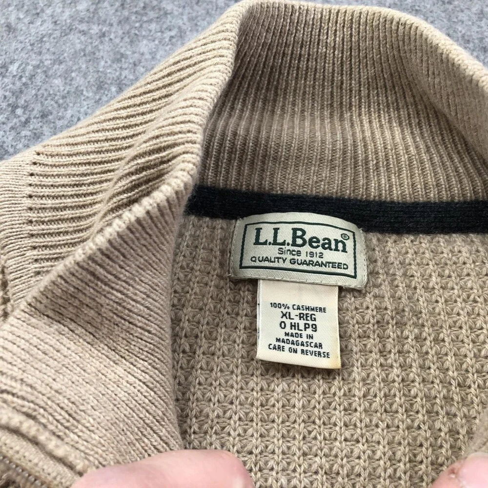 L.L. Bean Sweater Mens XL Beige 1/4 Zip Mock Neck Cashmere Waffle Knit Pullover